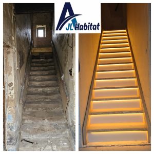 Menuiserie intérieure en Normandie : montage de réalisations d’escaliers sur mesure, marches bois et finitions propres, chantier AJL HABITAT.