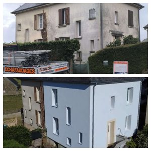 Isolation extérieure en Normandie : comparaison avant/après ITE sur façade, rendu plus net et homogène.