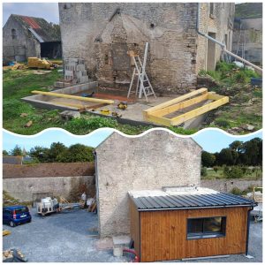 Ossature bois en Normandie : montage photo chantier, terrasse et abri bois réalisés, rendu final propre.