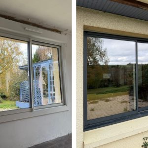 Menuiserie extérieure en Normandie : pose de baie vitrée et fenêtre aluminium, finitions soignées par AJL HABITAT.