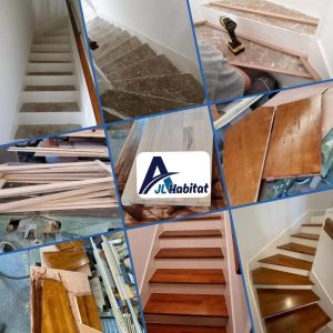 Menuiserie intérieure en Normandie : montage de réalisations d’escaliers sur mesure, marches bois et finitions propres, chantier AJL HABITAT.